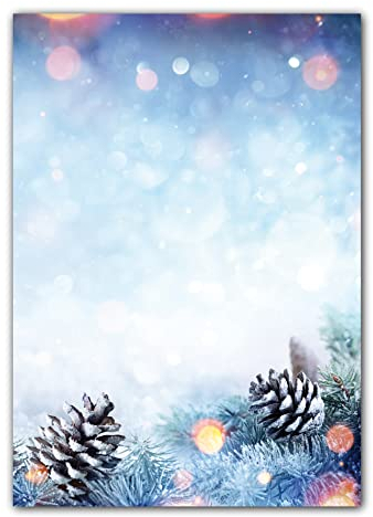 25 Blatt Winter Motivpapier Briefpapier (Weihnachten-5251, DIN A4) wunderschöne Tannzweige im Schnee bei Sonnenschein mit Zapfen