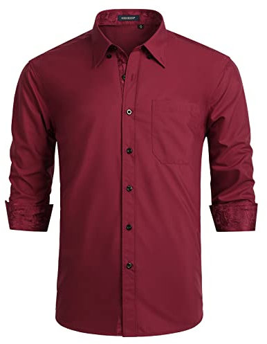 HISDERN Herren Hemd Langarm Regular Fit Klassisch Hemden Formelle Businesshemden Freizeithemd mit Taschen Burgund XL