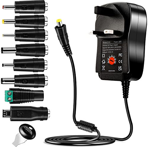 Universal AC to DC Power Adapter - Multi Output Voltages 3V 4.5V 5V 6V 7.5V 9V 12V Switching Power Supply with 8 Selectable Adapter Plugs for Routers Speakers Household Electronic