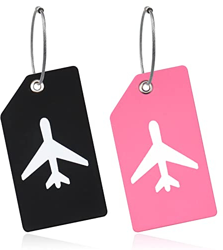 Lot de 2 étiquettes de bagage en silicone avec étiquette d'adresse, étiquette d'identification, étiquette de voyage, pour identifier rapidement les bagages, les valises de voyage (noir et rose)