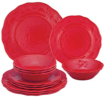 UP ware - Set di stoviglie da 12 pezzi, in melamina, set di piatti per esterni, piatti e ciotole, decorazioni natalizie, servizio per 4, rosso
