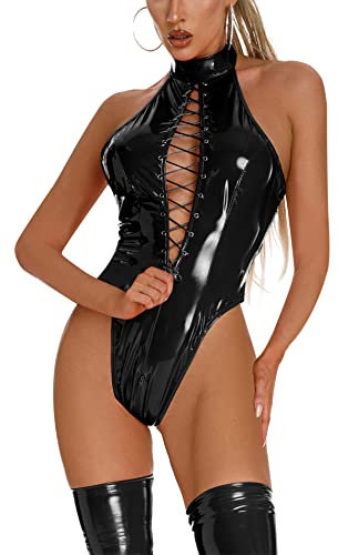FEOYA Latex Catsuit Frauen Sexy Ouvert Damen Latex Body mit Reißverschluss Latex Body Zipper PVC Tanga Dessous Ärmellos Reißverschluss Nachtclub Partykostüm D-Schwarz L
