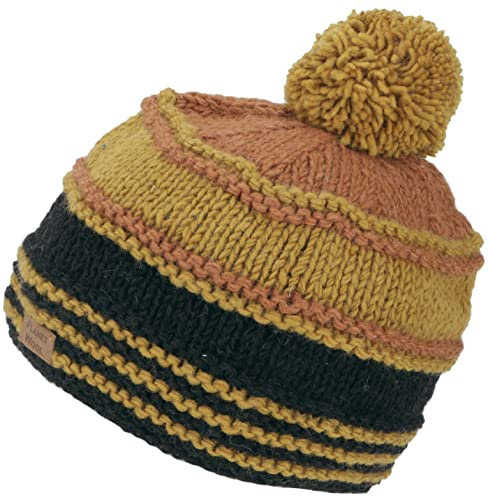 GURU SHOP Bommelmützel aus Nepal, Mütze aus Schurwolle, Wintermütze - Braun/Ocker, Herren/Damen, Synthetisch