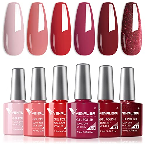 VENALISA Nude Gel Nail Polish Set 6 colors coral purple peach pink dark red burgundy glitter All Season Soak off Nail Lamp 7.5ml for Starter Manicure Nail Art Salon