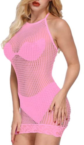 ROSVAJFY Mini Robe Sexy Résille Femmes Lingerie Nuisette sans Manches,Moulante Lacets Dos Nu Dos Nu,Body Dentelle Maille Transparente,Chemise Nuit Découpée,Vêtements Nuit Babydoll Clubwear (Rose)