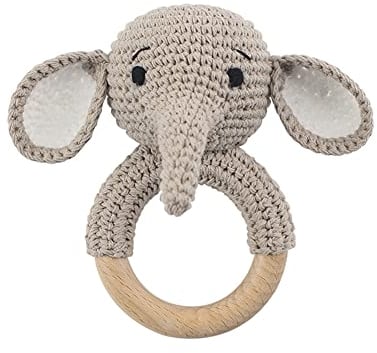 Baby Greifling Rassel Beißring,Tier Gehäkelte Babyrassel Häkeln Holz Greifling Baby Rassel Fuchs Tiger Löwe Hase Baby Montessori Babyspielzeug für Neugeborenes Baby Junge Mädchen Geschenk zur Geburt
