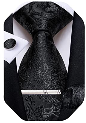DiBanGu Paisley-Krawatten für Herren, Seidenkrawatte und Einstecktuch, Manschettenknöpfe, Krawattenklammer-Set, gewebt, klassische Herren-Krawatte für Hochzeit, Party, Black Paisley, Einheitsgröße