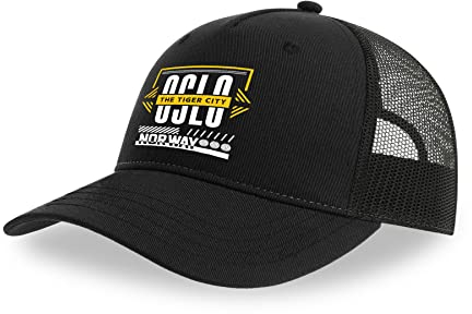 Maikomanija Oslo Norway Capital City Baumwolle Trucker Cap Curved Visor Netback Hat Atmungsaktives Mesh Sport Top, Schwarz , One size