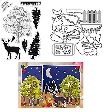 Qoiseys Wald und Hirsch Stempel und Stanzschablonen Set,Clear Stempel und Stanzen Set Basteln Prägeschablone,Silikonstempel Metall Die Stanzen für DIY Scrapbooking Fotoalbum