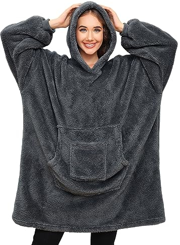 Tuopuda Felpa Coperta Donna Oversize Coperta con Cappuccio Sweatshirt Maglione Pigiama Coperta Manica Lunga Felpa in Pile Regalo Donna Natale Felpone Felpata Calda Taglia Unica, Grigio