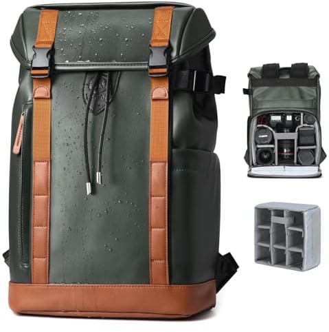 TARION Kamerarucksack Wassserdicht Fotorucksack Kameratasche: Leder Kamera Rucksack DSLR SLR Kamerarucksäcke Spiegelreflex mit 14 Zoll Laptopfach Regenhülle (M,Grün)