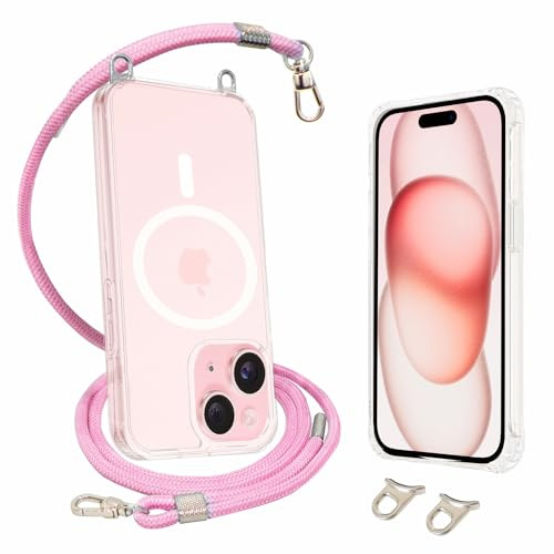 AHABIPERS Crossbody Lanyard Phone Case for iPhone 15 Case Kit, Classic Hybrid Magnetic Case Compatible with MagSafe (Clear) + Necklace Phone Cover with Adjustable Strap (Pick) for iPhone 15 6.1 inch