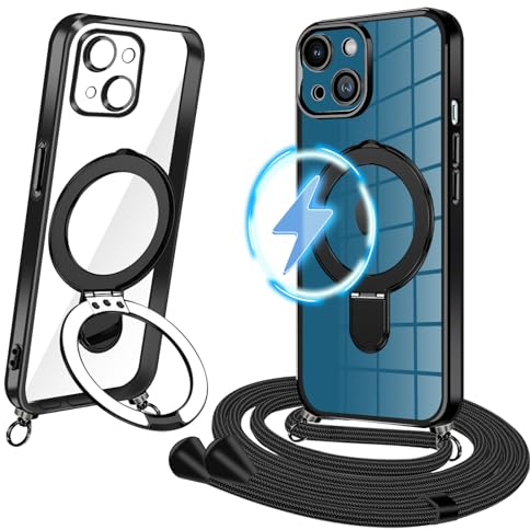 Magnética Funda para iPhone 13 con Cuerda [Compatible con MagSafe] Transparente Antigolpes Silicona Carcasa con Cordón iPhone 13 Case con Colgante Correa de Cuello Cadena Cover con Anillo Soporte
