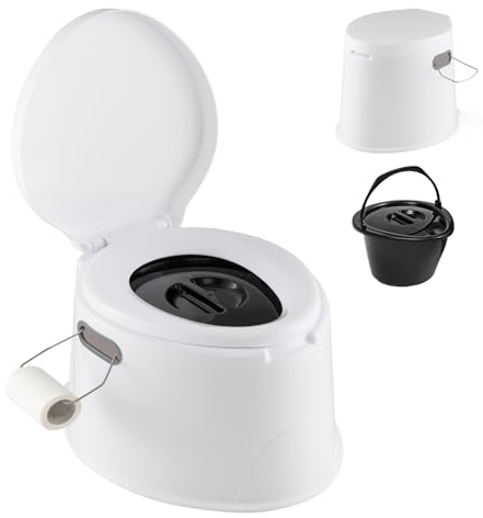 SOARS Toilette Portable 5L, 49 X 41 X 34 CM, avec Couvercle Anti-Odeurs, Seau Intérieur Amovible et Porte-Rouleau de Papier Toilette, Charge Maximale 200 KG, pour Camping, Voyage, Randonnée (Blanc)
