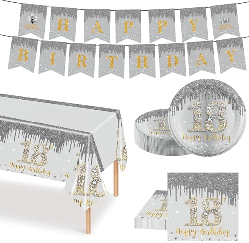 POPOYU 38Pcs Sliver and Gold 18th Birthday Tableware Set, Happy 18th Birthday Party Dinnerware, Paper Plates 9 Inch Napkins Table Cloth Banner for Boys,Girls,Men,Women,Her,Him Gifts Party Supplies