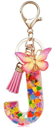 OSDUE Porte-clés avec Initiales pour Filles et Femmes, Porte-clés Lettre J en Résine, avec pendentif papillon et pampille, pour Femmes Filles Portefeuilles Sac à Main Charme