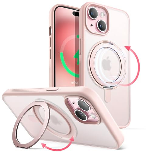 JETech 360 Degree Rotatable Ring Case for iPhone 15 6.1-Inch Compatible with MagSafe, Slim Shockproof Phone Cover with Stand & Ring Holder (Pink)