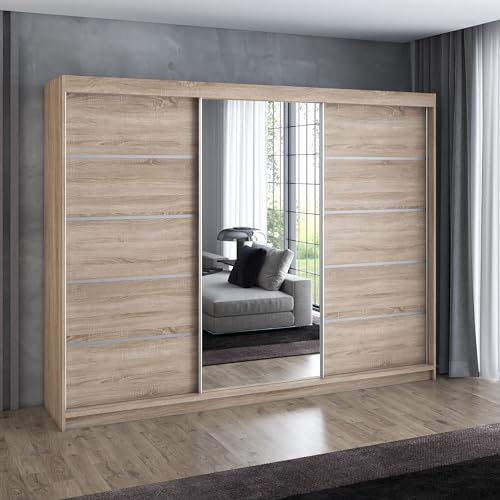 A&J MöbelLand Schwebetürenschrank VILANO 1, 3-türig Schrank 200 cm Kleiderschrank mit 4 Schubladen, und Spiegel (Weiß, Schwarz, Somona) (Sonoma/Sonoma/Sonoma)