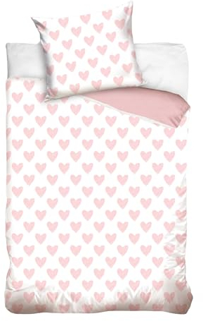 MTOnlinehandel Kinder Bettwäsche Set 135x200 80x80 cm · Bettwäsche mit Herzen · 100% Baumwolle mit YKK Reißverschluss · sanft, weich Mädchenbettwäsche weiß rosa Herzchen