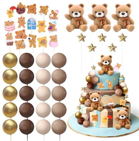 42 PCS Bear Cake Toppers, Baby Shower Cake Decorations, Baby Boy Girl Cake, Cute Bear and Balloon Design, Gender Reveal Cake Topper, Animal Toppers Ideal for Showers Birthday and Parties (Brown)