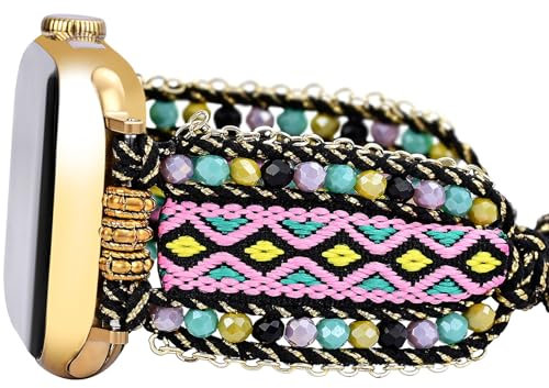 Retro Boho Braided Nylon Band Compatible with Apple Watch 40mm 41mm 38mm, Friendship Bracelet Handmade Woven Bohemian Beaded Western Dressy Strap for iWatch Series 10/9/8/SE/Ultra/7/6/5/4/3/2/1 (Peony