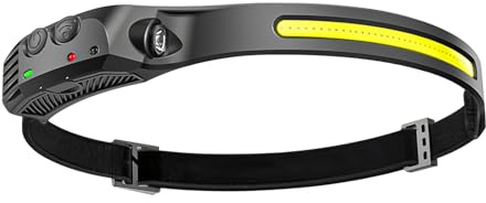 Cncedi Linterna frontal recargable, linterna frontal LED con sensor de movimiento, 230° de visión amplia y 5 modos, manos libres IPX4 impermeable para ciclismo, pesca, correr