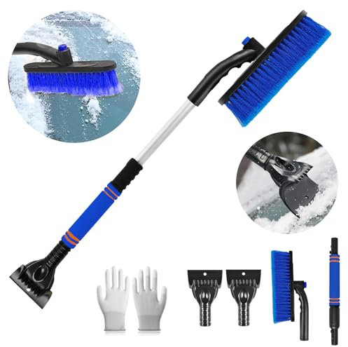 Funnity Eiskratzer Auto mit Besen, Effektiver Schneebesen Auto, Eiskratzer Auto mit Handschuh[Teleskop], Große Kante Borsten & Ergonomischem Schaumstoffgriff & Eiskratzer mit Besen(Blau)