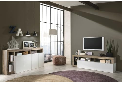 AltoBuy Arturo - Ensemble Buffet 4P + Meubles TV Blanc Laqué Niches Aspect Bois Antik