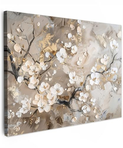 MuchoWow© Leinwandbilder 80x60 cm Wall Art Decoration Bilder für die Wand Schlafzimmer Deko Canvas Painting Wanddekoration Wohnzimmer Blumen - Weiß - Gold - Beige - Luxus
