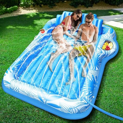 83 X 63 Extra Large Inflatable Tanning Pool Float Lounger with Sprinkler, Pool Float Adults with Pillow & Drink Holder, Blow up Water Tanning Bed Pool Raft Floatie for Adults Backyard, Pink/Blue