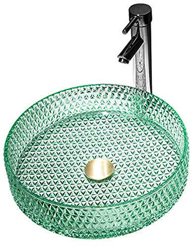 Round Glass Vessel Sink for Bathroom Vanity Green Tempered Glass Basin Countertop Washbasin 395mm Diameter x 105mm Height Modern Cloakroom Boat Sink