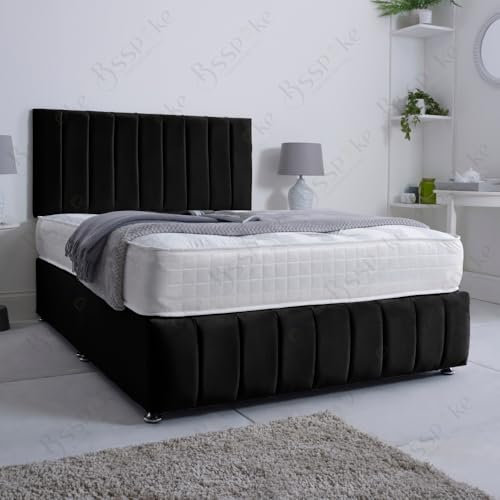 BSSPOKE Sierra Plush Panel Divan Bed Double Beds with Mattresses Included 2 Storage Drawers 26” Matching Headboard & Footboard (Black (with Mattress), 5FT King (with 02 Drawers))