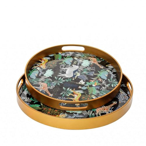 Vanity Living Set of 2 Round Trays – Elegant Decorative Serving Trays for Coffee Table, Living Room, and Home Décor (Gold Green)