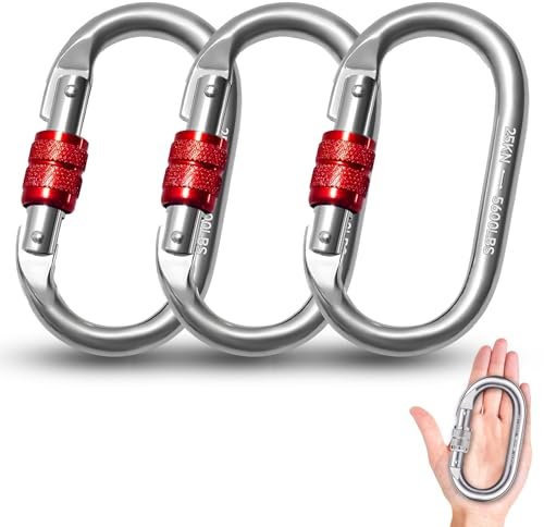 Karabiner Groß, 3 Stück Karabinerhaken 25KN, Schwerlast Sicherheitskarabiner Edelstahl, Heavy Duty Karabiner Clips mit Schraubgitter mit Schraubsicherung zum Klettern, Abseilen, Hängematten, Hundelein