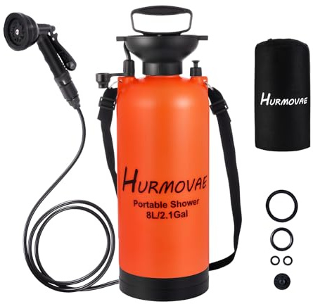 Hurmovae Portable Shower 2.1 Gallon (8L), 10 Spray Modes Pressurized Camping & Beach Shower with Nylon Insulated Sleeve, Surf Shower for Sand Rinse, Portable Water Rinser for Travel & Hiking, Orange