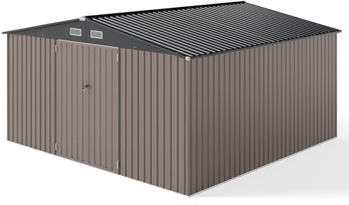 COSTWAY 12x8FT/12x12FT/14x10FT Metal Garden Shed, Galvanized Outdoor Storage Shed with Lockable Doors, 4 Air Vents & Sloping Roof, Weatherproof Tool Storage House (Dark Grey + Light Grey, 12x12FT)