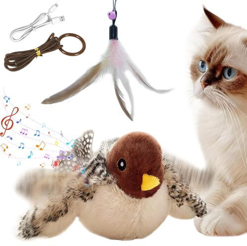 Simulation Bird Interactive Cat Toy - Electric Rechargeable Remote Control Chirping Flapping Bird with Catnip, Plush Vivid Chirping Flapping Wings Sparrow Toys for Kitten Kitty Touch Activated