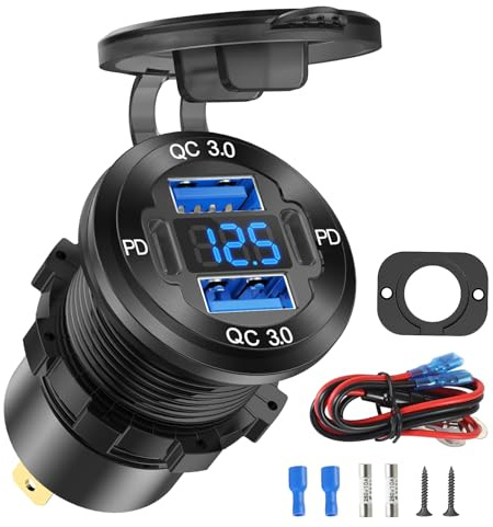 12v USB C Car Charger Socket 4-Port 78W Dual PD & QC with Voltmeter