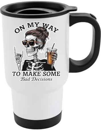 Excudo Trade LTD On My Way to Make Some Bad Decisions Travel Mug with Roses and Feathers Gothic Insulated Coffee Cup Design Gift for Him or Her Stainless Steel Reusable for Hot or Cold Drinks - White