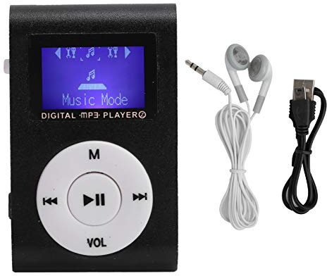 Jwthee Mini MP3 Player with Clip, Small Music Player with Backclip, 3.5mm Earphones and LCD Screen for Running, Cycling, Hiking and Yoga, Supports Memory Card to 32GB (But Not Included) (Black)