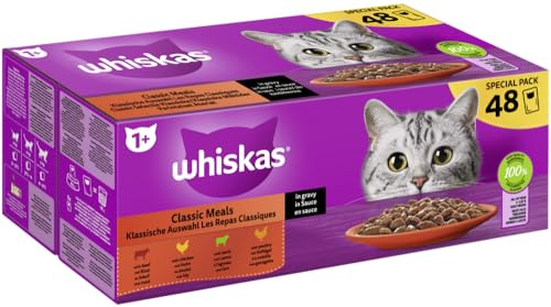 WHISKAS® Multipack Portionsbeutel 1+ Klassische Auswahl 4 Varietäten Rind, Huhn, Lamm, Geflügel in Sauce 48 x 85g