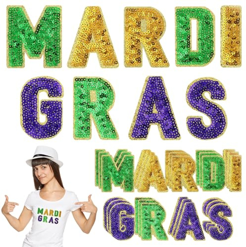 Lyrow 27 Pcs Sequin Mardi Gras Letter Iron on Patches Carnival Theme Patch Retro Iron on Patches for Carnival Holiday Jeans Jackets Clothes Backpack Cap DIY Crafts Making