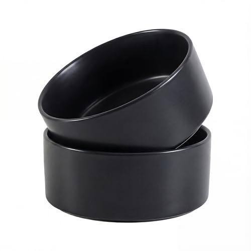 Ceramic Dog Bowl for Food and Water - Pet Feeder Bowl for Small to Medium Dogs and Large Cats - Heavy Ceramic Feeding Dish with Non Slip Base - Dishwasher & Microwave Safe - 2 Pack - 6 Inch - Black