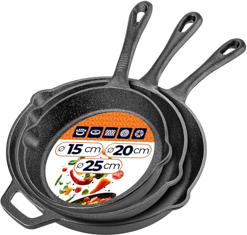 KADAX Gusseisenpfannen 3er Set (15/20/25 cm), Pfannen aus Gusseisen, induktionsgeeignet & backofenfest, Gusspfanne für Induktion, gusseiserne Bratpfanne