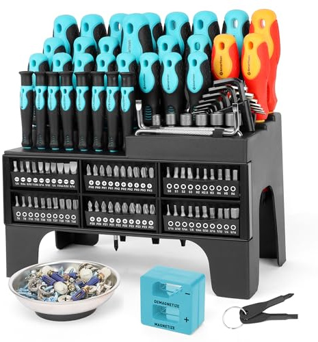 120pcs Magnetic Screwdriver Set with Precision Tools, Chrome Vanadium Steel, Ergonomic Handles - Includes Magnetizer/Demagnetizer, Ratchet Handle, and Plastic Organizer (Blue) for Compact Storage, Too