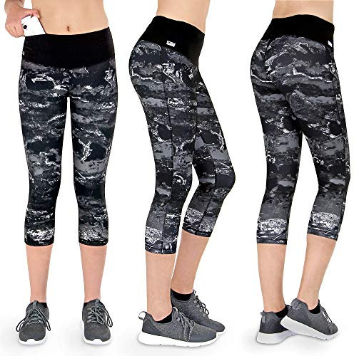 Formbelt Damen Tights 3 4 mit hohem Bund, Laufhose camoulfage Dreiviertel und bunten Marmor Design in XS