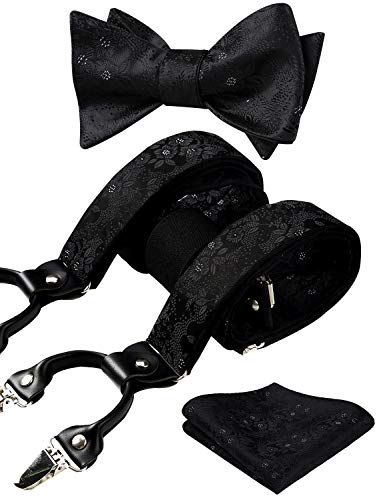HISDERN Schwarz Hosenträger für Herren Paisley Y Form mit 6 starken Clips Längenverstellbar Herren Hosenträger und Fliege mit Einsteckuch…