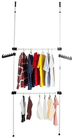 Système de Penderie Télescopique, Système de porte-vêtements Réglable en Acier Inoxydable, Avec 2 Crochets, Hauteur réglable 281-329cm, Largeur réglable 80-139cm