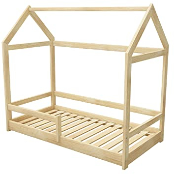 ACMA Kinderbett Kinderhaus Kinder Bett Holz Haus Schlafen Spielbett Hausbett 2 - Massivholz (Natural Massivholz, 90 x 200 cm)