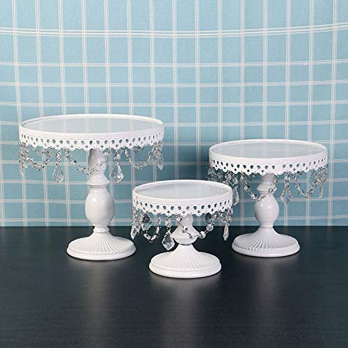 Antique Cake Stands with Crystals Hanging Bead, Round Metal Plate Holder for Dessert Cupcake|Ideal for Wedding Birthday Party Cakes Pedestal Display Stand (White, 3 Different Sizes Set)